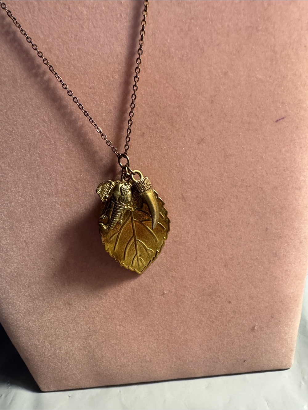 Gold Leaf Necklace with Elephant and  Tusk Charm 15 1/2”